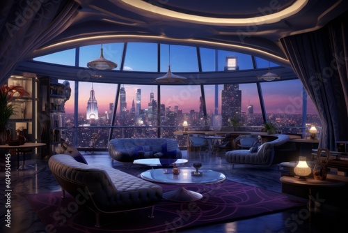 An image of a luxurious penthouse at night, overlooking a city skyline. Generative AI