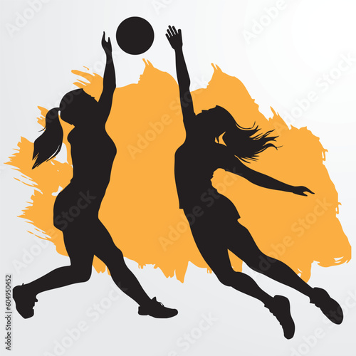 Two girl volleyball player jumping and hitting the ball. silhouette art, Vector Art