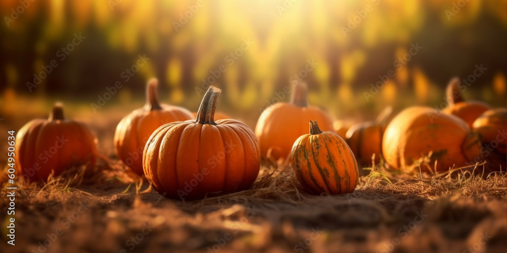Pumpkins at outdoor farmer market. Pumpkin patch. Halloween decor with various pumpkins, autumn vegetables and flowers. AI Generated - obrazy, fototapety, plakaty 