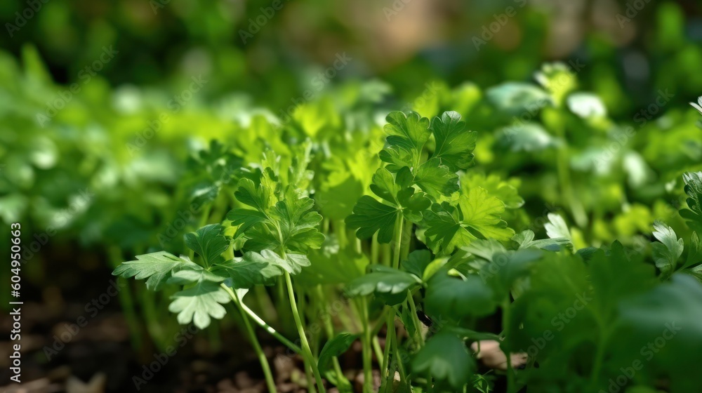 Fresh growing organic coriander plants. Generative AI. Fresh growing organic coriander plants. Generative AI.