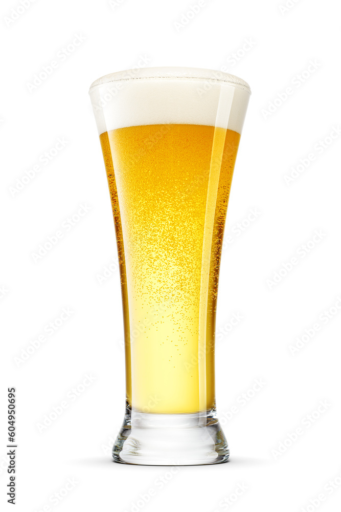 Pilsner glass of fresh yellow beer with cap of foam isolated. Transparent PNG image. Pilsner glass of fresh yellow beer with cap of foam isolated. Transparent PNG image.