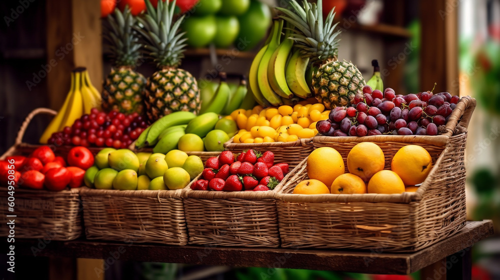 fruits in basket with fruits on shelf in market, Generative AI