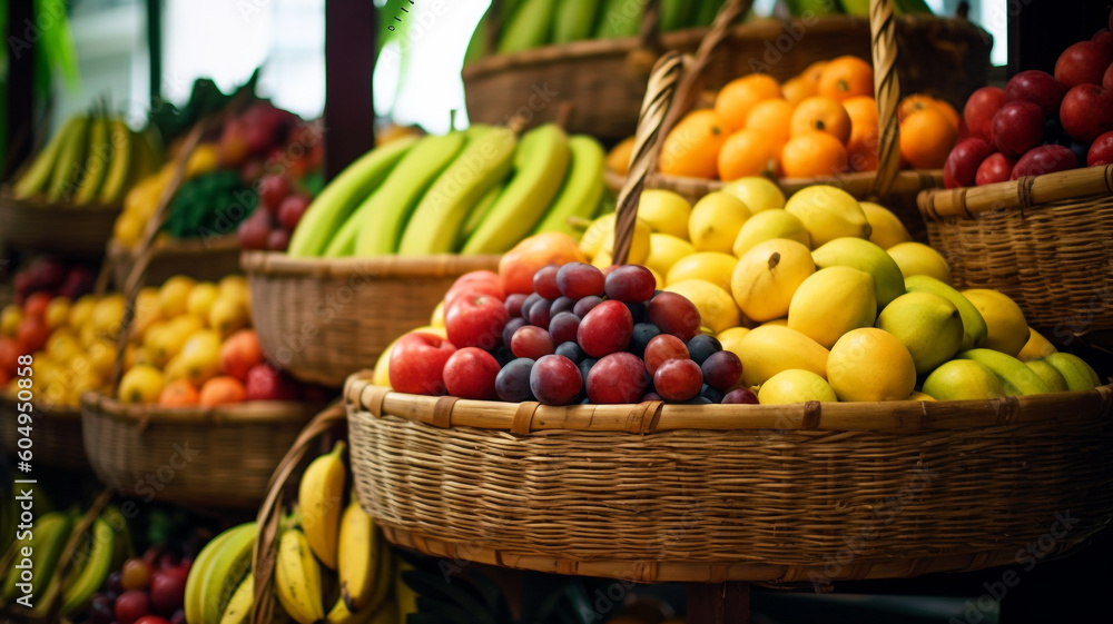 fruits in basket with fruits on shelf in market, Generative AI