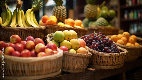fruits in basket with fruits on shelf in market  Generative AI
