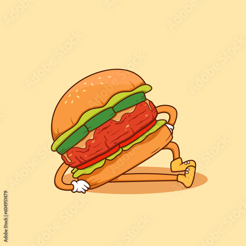 big meat beef burger cartoon lying pose on the floor vector illustration