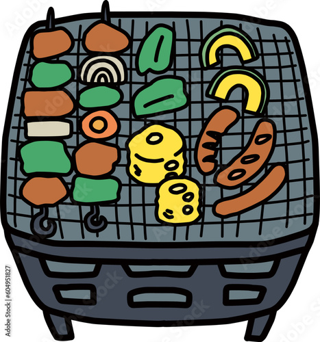 バーベキューコンロとそこに置かれた肉や野菜などのカラーイラスト