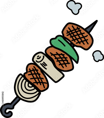 串に刺して焼いた肉や野菜のカラーイラスト