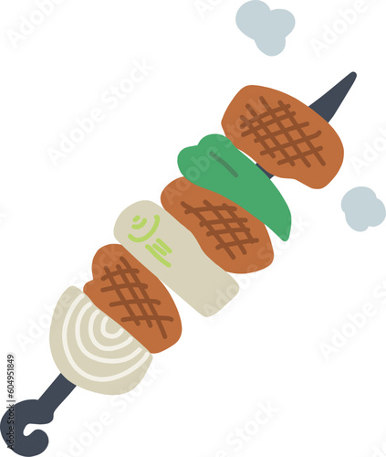 串に刺して焼いた肉や野菜のカラーイラスト