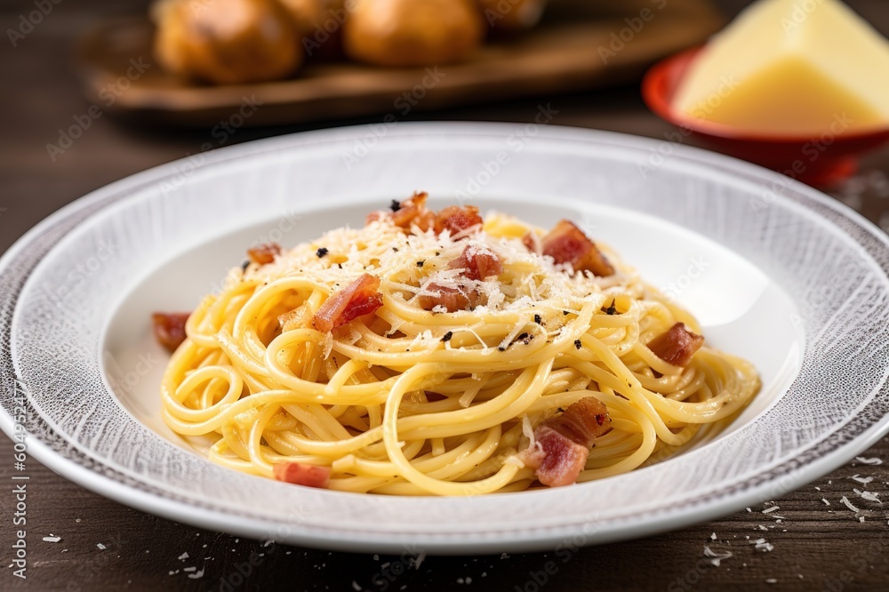 Carbonara, spaghetti with bacon guaiciale, egg, hard Parmesan. Traditional Italian cuisine. Pasta carbonara - Generative AI