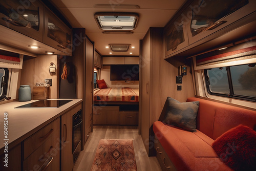 Interior of motor home camping car, furnishing decor of salon area in comfortable modern caravan house design. Relaxation areas for water travel. Travelling and entertainment concept. Generative AI