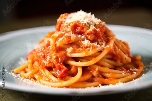 Bucatini all'amatriciana, traditional recipe of pasta with guanciale, pecorino and tomato sauce, Italian cuisine - Generative AI photo