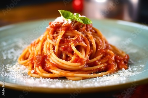 Bucatini all'amatriciana, traditional recipe of pasta with guanciale, pecorino and tomato sauce, Italian cuisine - Generative AI