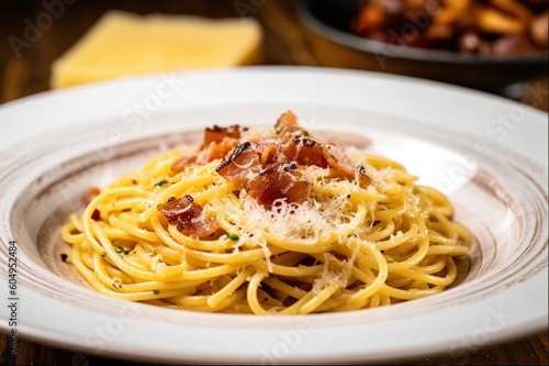 Carbonara  spaghetti with bacon guaiciale  egg  hard Parmesan. Traditional Italian cuisine. Pasta carbonara - Generative AI