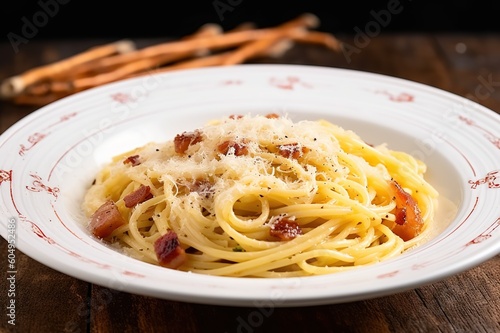 Carbonara, spaghetti with bacon guaiciale, egg, hard Parmesan. Traditional Italian cuisine. Pasta carbonara - Generative AI