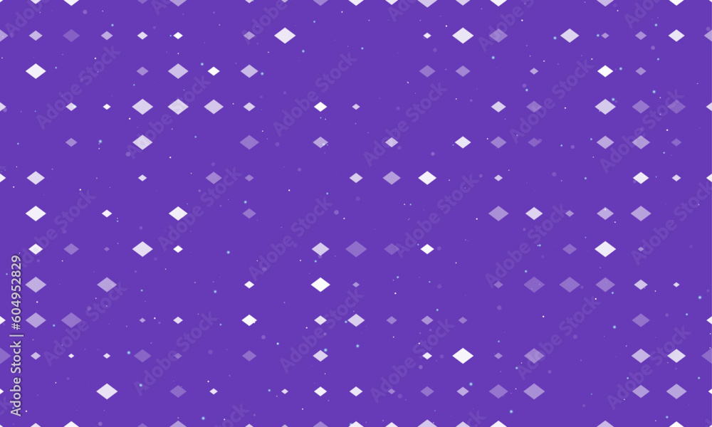 Seamless background pattern of evenly spaced white rhombus symbols of different sizes and opacity. Vector illustration on deep purple background with stars