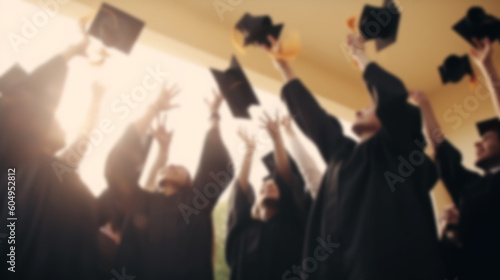 Group of graduates celebrating by throwing their caps in the air, a symbol of success. Created by AI.