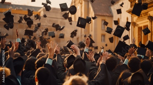 Jubilant group of graduates tossing their caps in the air, signifying accomplishment and celebration. Created by AI.