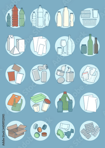 Recycling materials icons. Waste segregation, trash sorting. Vector illustration, line design. Materials list: metal, paper, plastic, glass, packages. Zero waste. Ecology. Garbage, rubbish recycling