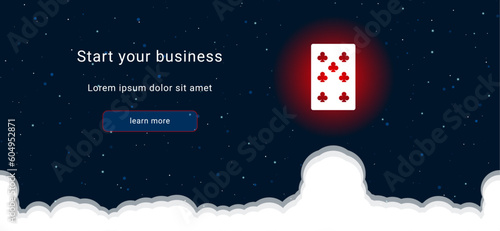 Business startup concept Landing page screen. The white seven of clubs playing card on the right. Vector illustration on dark blue background with stars and curly clouds from below