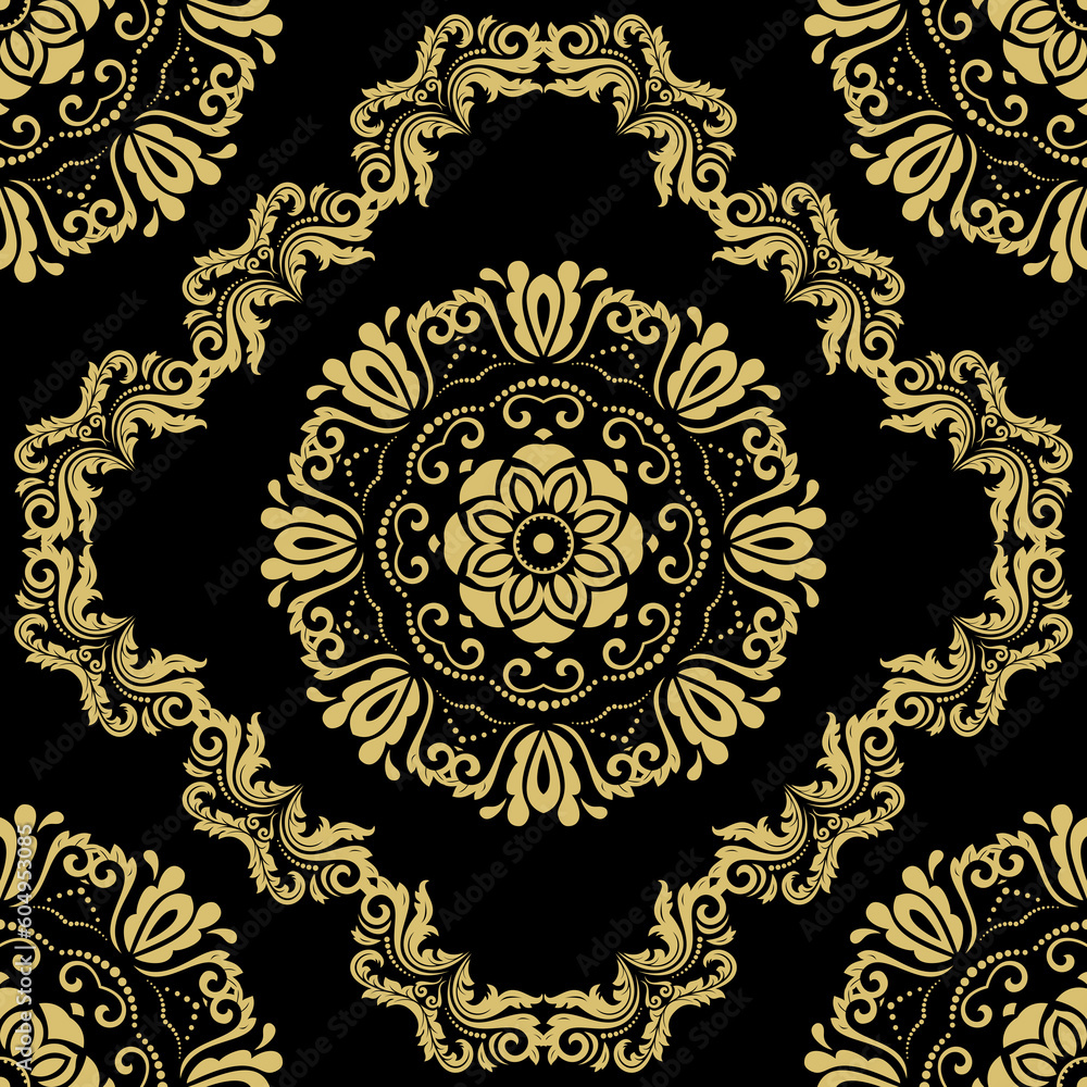 Classic seamless pattern. Damask orient ornament. Classic vintage black and golden background. Orient golden ornament for fabric, wallpaper and packaging