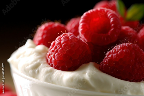 Dessert featuring fresh raspberries and smooth white cream, close – up.