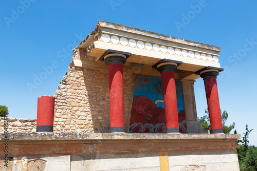 Knossos Palace on the island of Crete, a legendary architectural and archaeological monument. Fresco with a bull. Greece