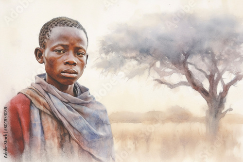 Watercolor Maasai child in national clothes with African landscape in the background. Young black child. Generative AI