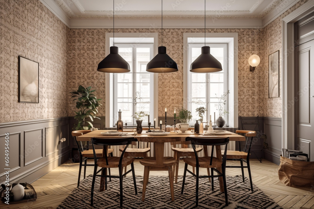 Modern cozy kitchen, classic interior design with beige, brown and black colors. Super photo realistic background, generative ai illustration Modern cozy kitchen, classic interior design with beige, brown and black colors. Super photo realistic background, generative ai illustration