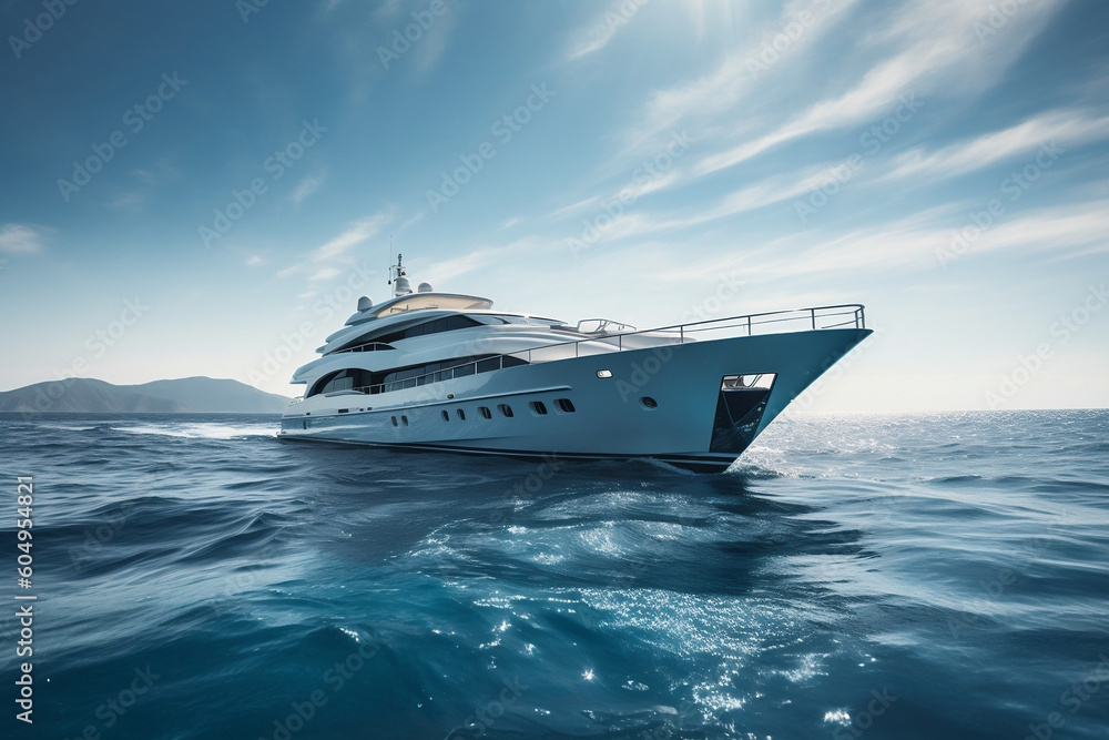 Rich luxury white private motor yacht sailing at pure clear blue sea ocean waters, used for renting and having good adventure travels. Sailing boat in tropical island. Generative AI Technology Rich luxury white private motor yacht sailing at pure clear blue sea ocean waters, used for renting and having good adventure travels. Sailing boat in tropical island. Generative AI Technology