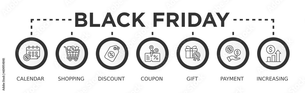 Black friday banner web icon vector illustration concept with icon of calendar, shopping, discount, coupon, gift, payment, increasing Black friday banner web icon vector illustration concept with icon of calendar, shopping, discount, coupon, gift, payment, increasing
