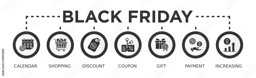 Black friday banner web icon vector illustration concept with icon of calendar, shopping, discount, coupon, gift, payment, increasing Black friday banner web icon vector illustration concept with icon of calendar, shopping, discount, coupon, gift, payment, increasing