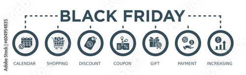 Black friday banner web icon vector illustration concept with icon of calendar, shopping, discount, coupon, gift, payment, increasing