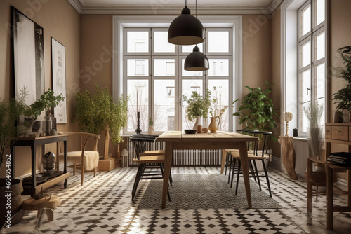  Modern cozy kitchen, classic interior design with beige, brown and black colors. Super photo realistic background, generative ai illustration