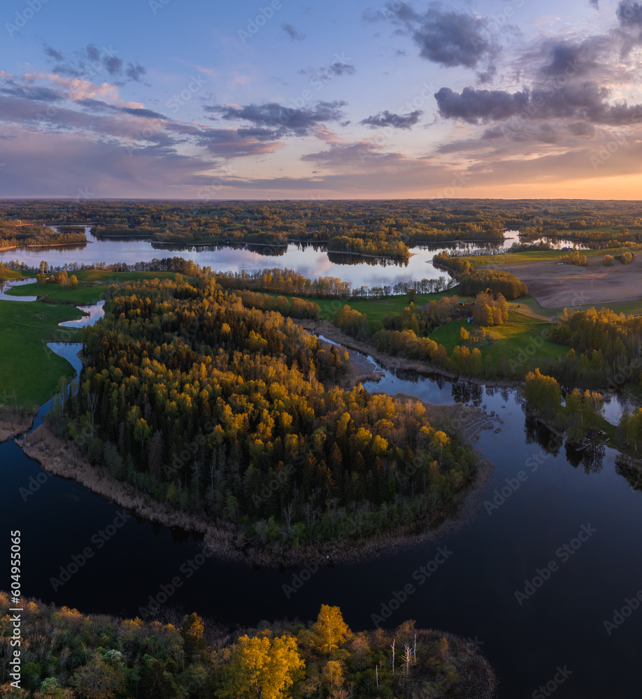 Obraz premium Sunset time bay lake Siver Nature of Latvia, Latgale.