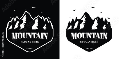 A mountain logo that is black and white