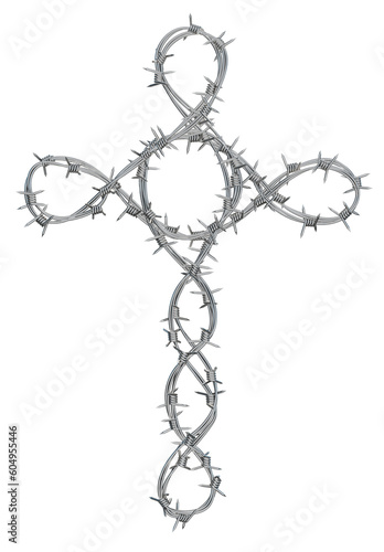 A cross-shaped sculpture made of barbed wire	 photo
