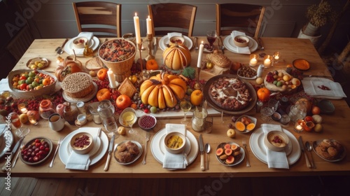 Overhead flat-lay of Friendsgiving table with hands, autumn feast, candles, roasted turkey, pumpkin pie. Created by AI.