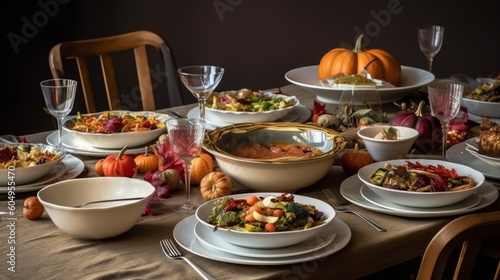 Overhead view of a Thanksgiving table, hands over Friendsgiving feast, autumn food, candles, turkey, pumpkin pie. Created by AI. 