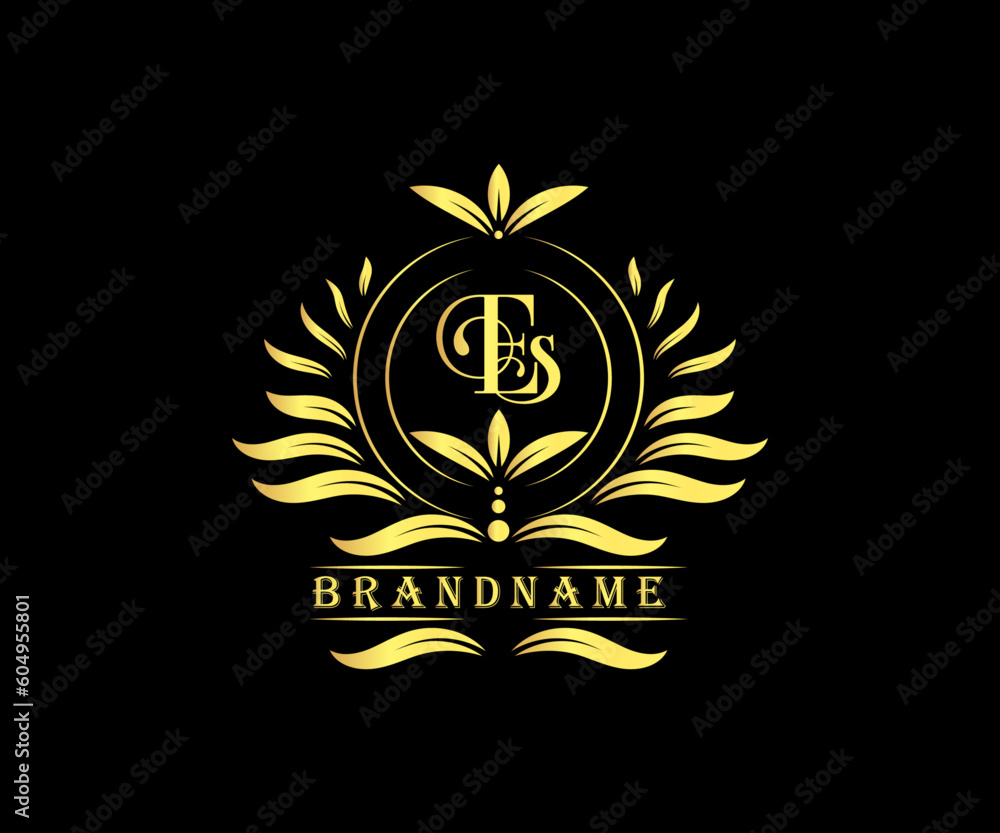 PrintLuxury logo design for boutique hotels, resorts, restaurants, and fashion brand identities, Luxury Logo Design with monogram letter ES, golden colour, luxury flourish decorative style, vector