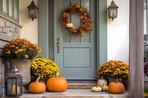 Fototapeta Cute and cozy cottage with fall decorations, pumpkins on the front porch and a w