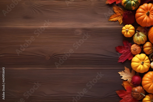 Fall background for Thanksgiving with pumpkins and fall leaves on a wooden table, generative AI photo