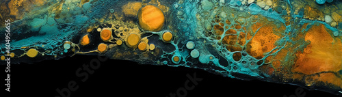 Turquoise & bronze abstract marble floor painting for weddings, organic biomorphic forms, dark indigo and yellow, aerial view. Generative Ai Illustration.