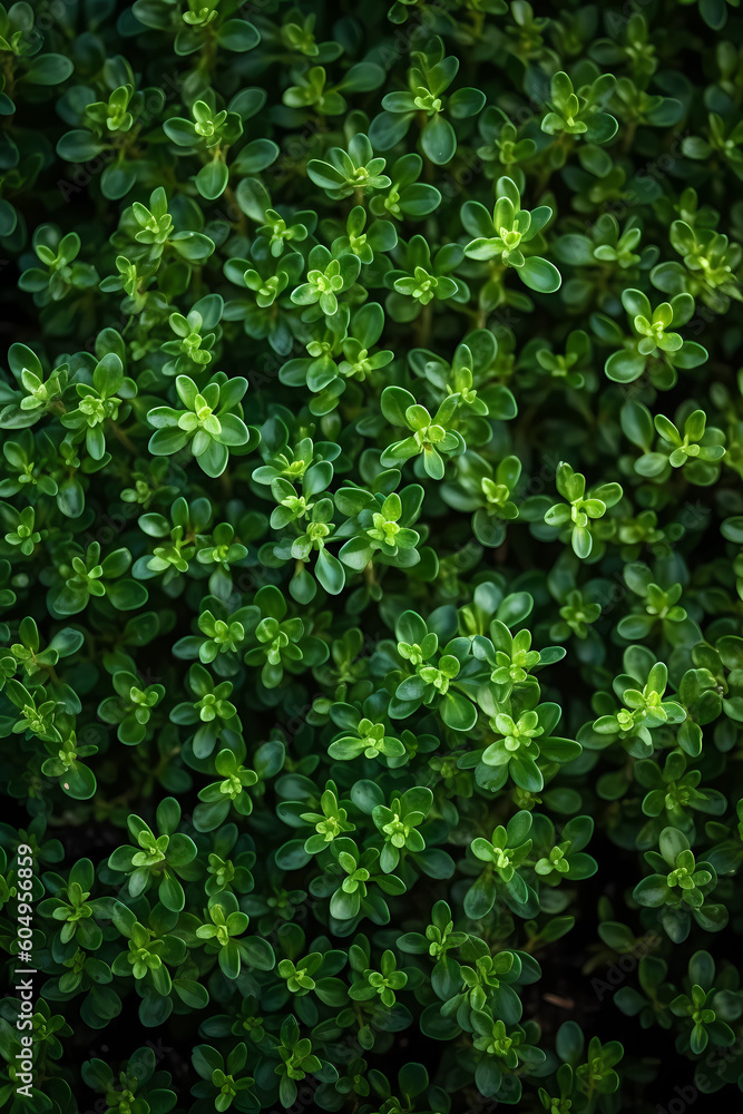 Fresh green thyme leaves filling the entire frame, fresh herbs, generative AI Fresh green thyme leaves filling the entire frame, fresh herbs, generative AI
