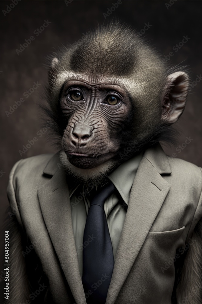 Portrait of baby baboon in a business suit. Generative AI Portrait of baby baboon in a business suit. Generative AI