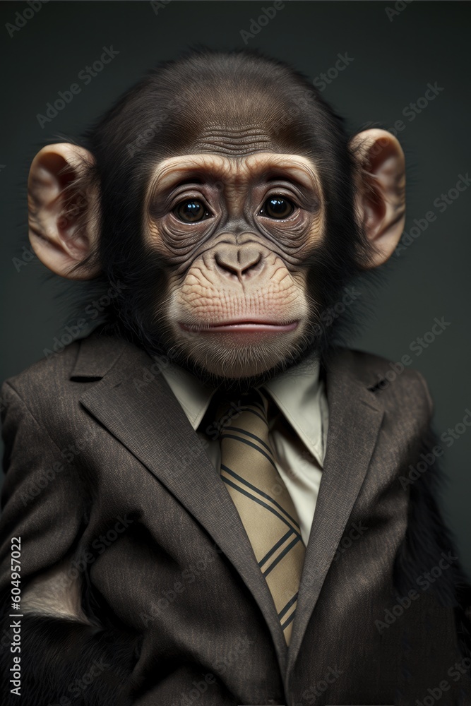 Portrait of baby chimpanzee in a business suit. Generative AI Portrait of baby chimpanzee in a business suit. Generative AI
