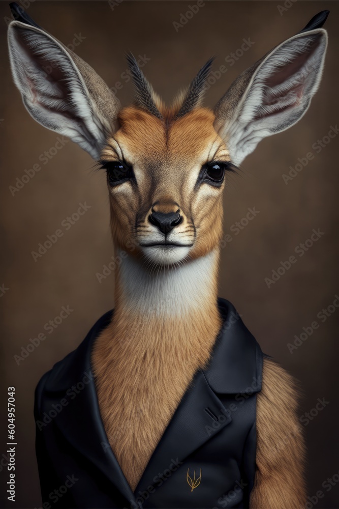 Portrait of baby gazelle in a business suit. Generative AI
