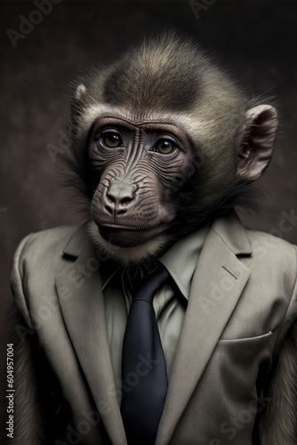 Portrait of baby baboon in a business suit. Generative AI © Razvan