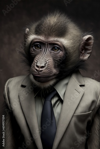 Portrait of baby baboon in a business suit. Generative AI