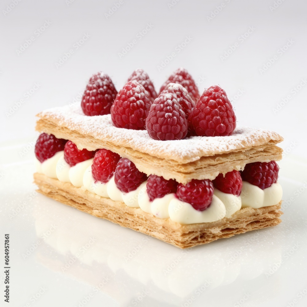 Raspberry Millefeuille Isolated on White. Generative AI Raspberry Millefeuille Isolated on White. Generative AI