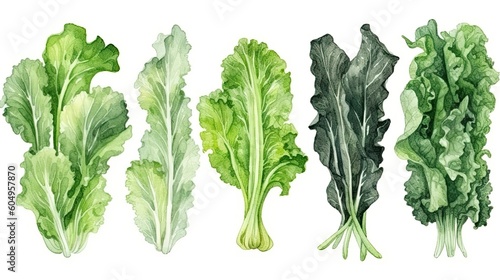173. Set of watercolor lettuce vegetables on white background. Generative AI